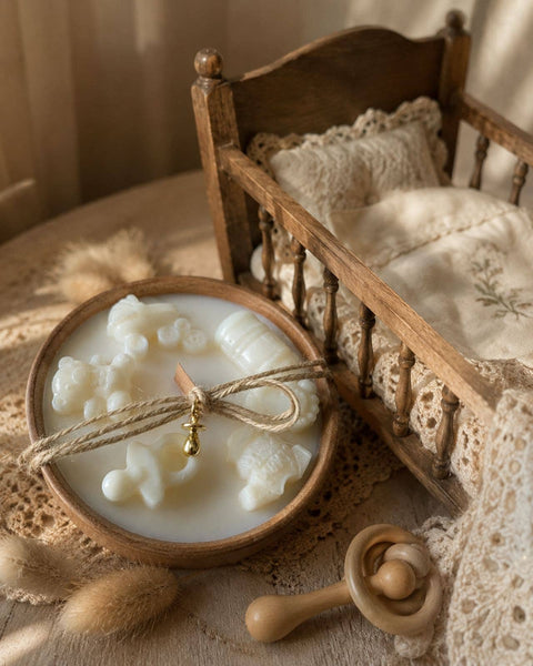 Baby Shower Soy Candle in Wooden Bowl – New Baby Gift Candle