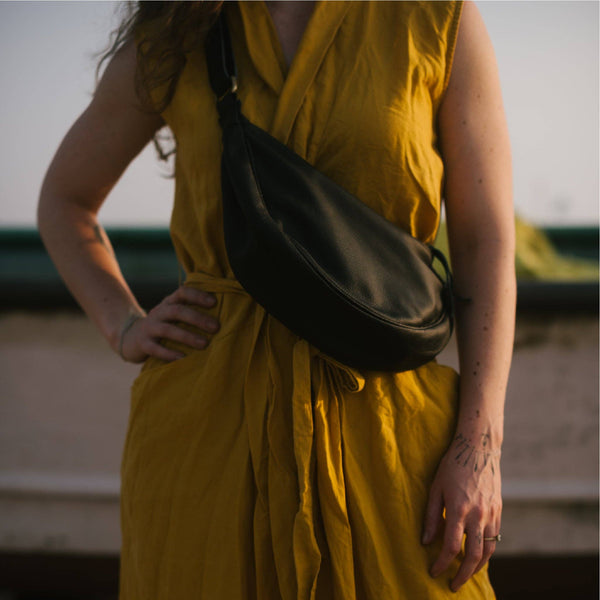 Leather Moon Sling Bag - Black (Immediate)