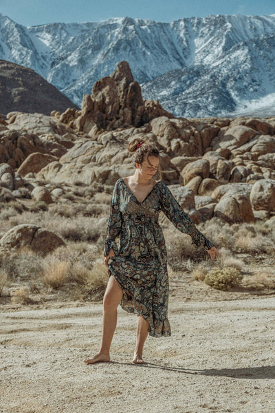 Whimsigoth Bohemian Midi Dress, Bell Sleeve Dress