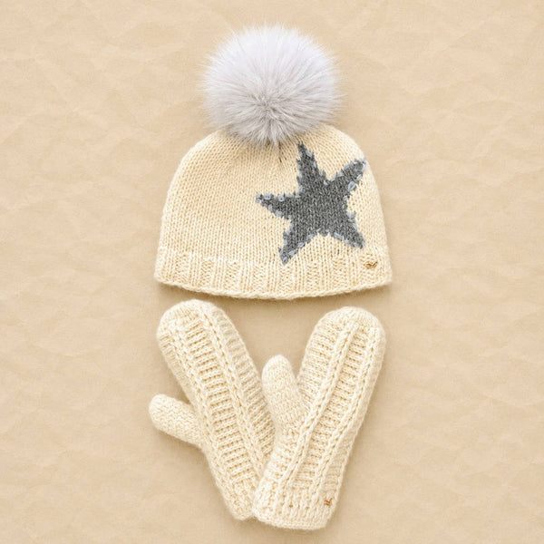 Star Embroidered Knit Pom Beanie - Ecru