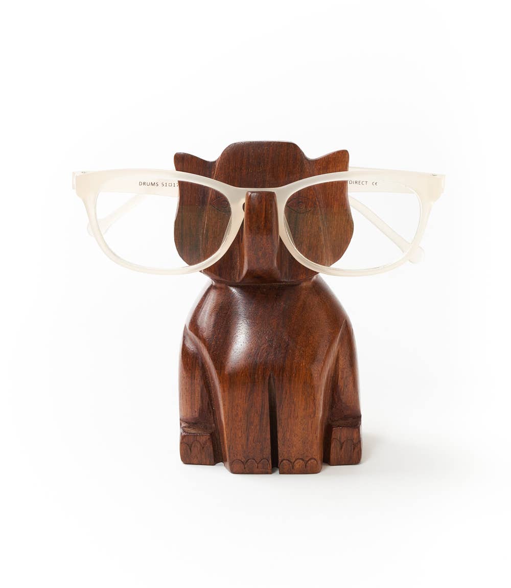 Trunk Up Elephant Eyeglass Holder Stand - Hand Carved Wood