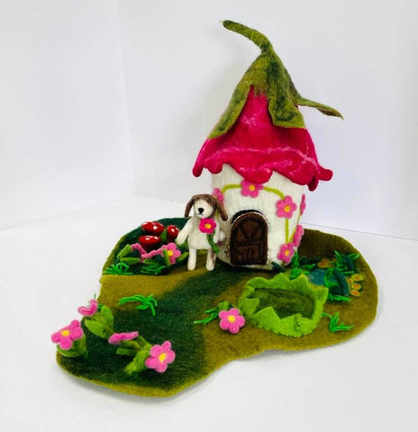 Felt Fairy House for Finger Puppets - Pink Cottage