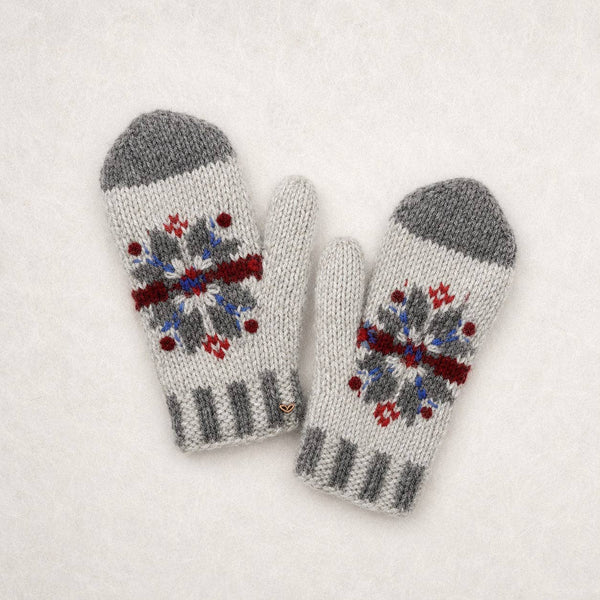 Fair Isle Snowflake Embroidered Knit Mittens - Gray