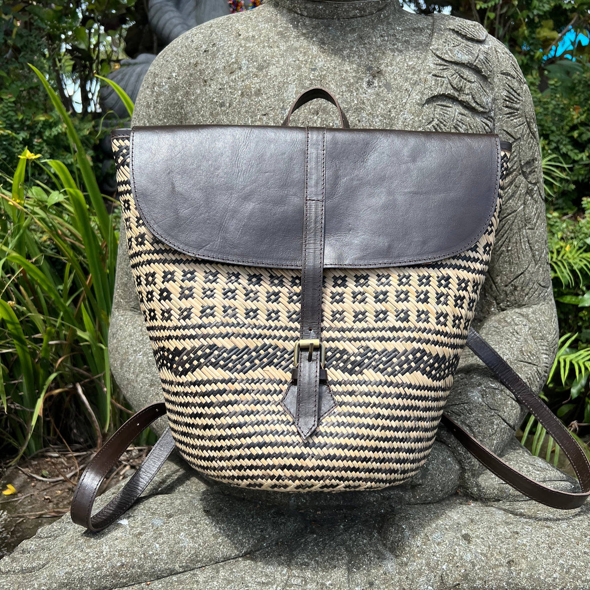Handwoven Rattan Backpack with Dark Brown Leather Trim – Creative Women ...