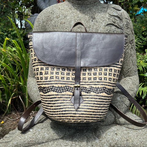 Handwoven Rattan Backpack with Dark Brown Leather Trim