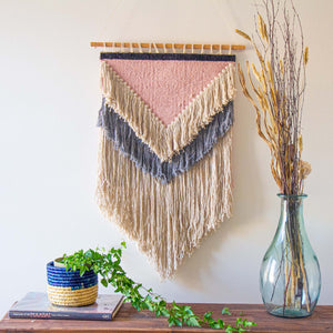 Handwoven Boho Wall Hanging Pink with Cream Fringe
