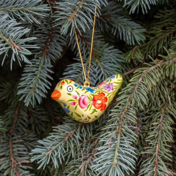 Handpainted Yellow Sparrow Bird Ornament Recycled Paper