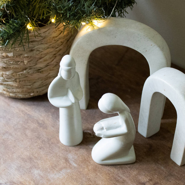 Mary Kneeling & Joseph Standing Nativity, Natural Stone
