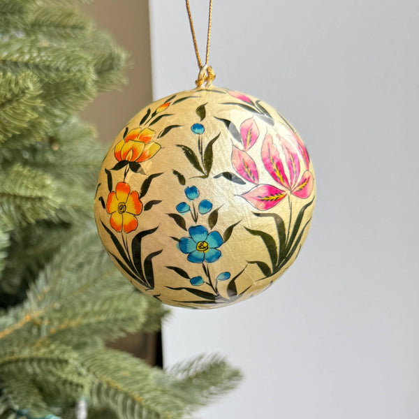 Light Gold Floral Paper Mache Ball Christmas Ornament