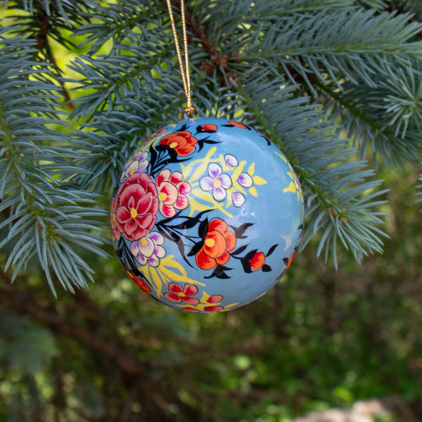 Handpainted Ornament Periwinkle with Pink Peony Flowers