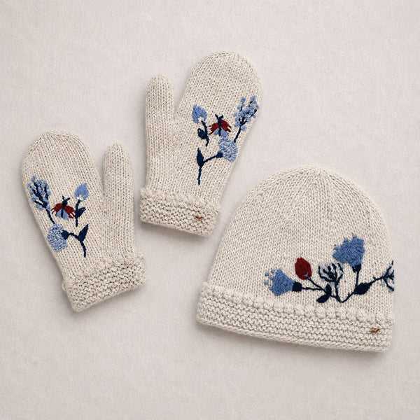 Floral Knit Embroidered Mittens - Ecru