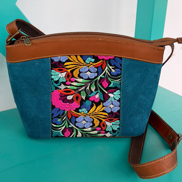 Suede & Leather Floral Shoulder Bag| Colorful Real Suede Bag