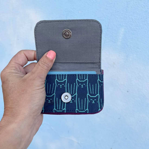 Canvas Card Holder - Navy Cats - Slim Cotton Wallet