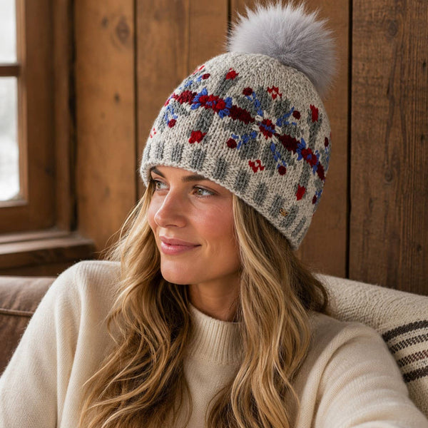 Fair Isle Snowflake Embroidered Knit Pom Beanie - Gray