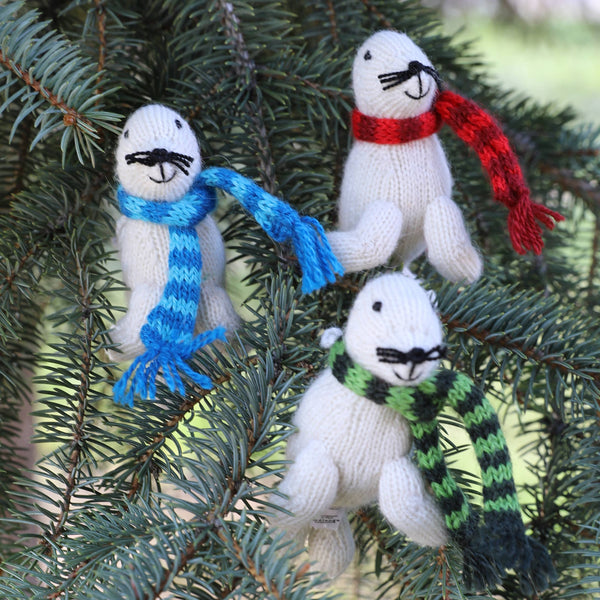 Knit White Seal Holiday Ornament