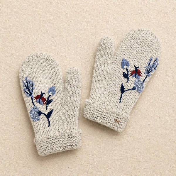Floral Knit Embroidered Mittens - Ecru