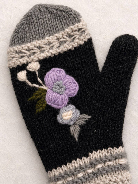 Color Block Embroidered Knit Mittens - Slate