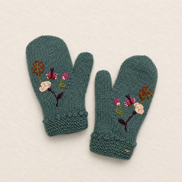 Floral Embroidered Knit Mittens - Blue Sage