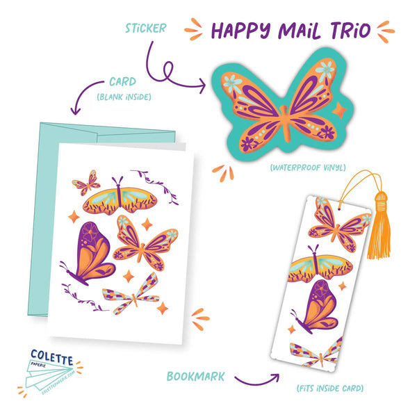Happy Mail Trio - Card, Bookmark and Sticker - Moths