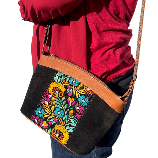 Suede & Leather Floral Shoulder Bag| Colorful Real Suede Bag