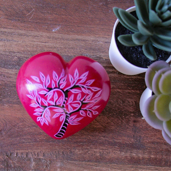 Large Soapstone Red Puffy Heart with Acacia Tree Carving