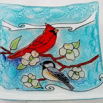 Cardinal with Chickadee Dish