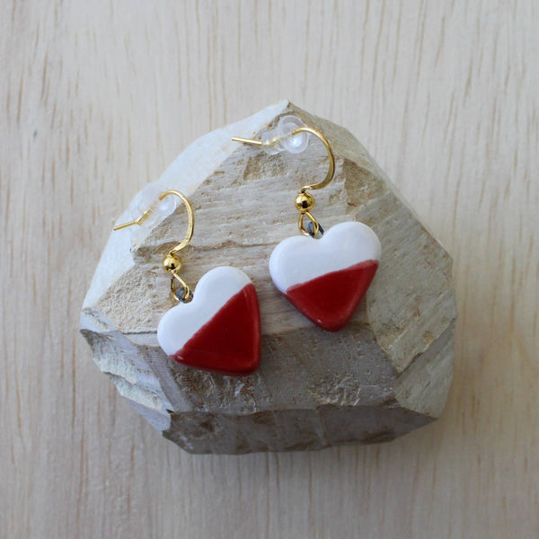 White and Red Dangle Hook Earrings, Small Heart