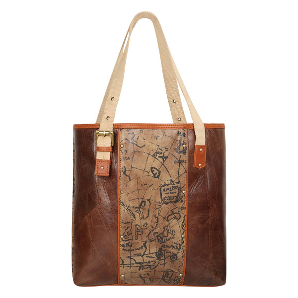 Mia Square Leather Tote Bag - Map Print
