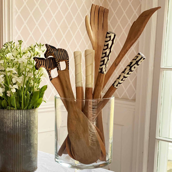 Olive Wood Serving Set, Chevron Batik Handles