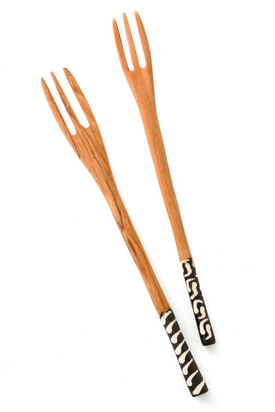 Kenyan Olive Wood Salad Forks with Etched Bone Handles