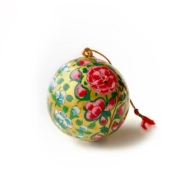 Gold Light Blue Floral Paper Mache Ball Christmas Ornament