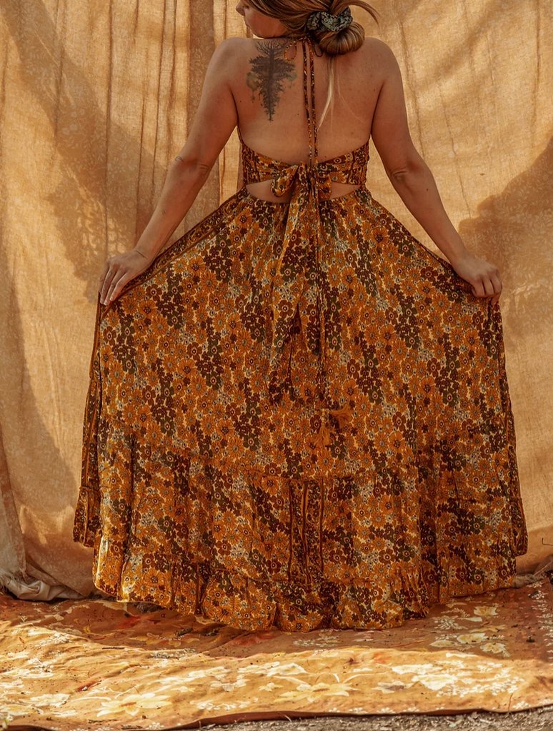 Hippie Boho Maxi Silk Dress, Bohemian Long Back Bow Dress Creative Women of the World Hippie Boho Maxi Silk Dress, Bohemian Long Back Bow Dress Creative Women of the World