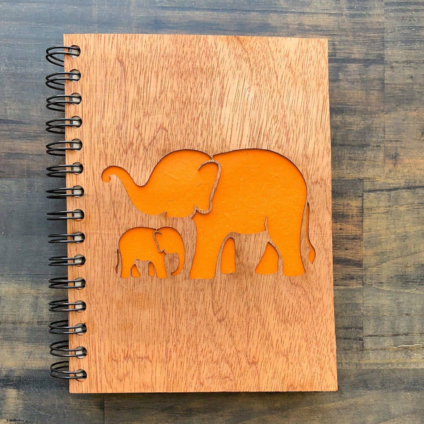 Large Notebook Wood Cover Elephant Mother and Baby Love (w)