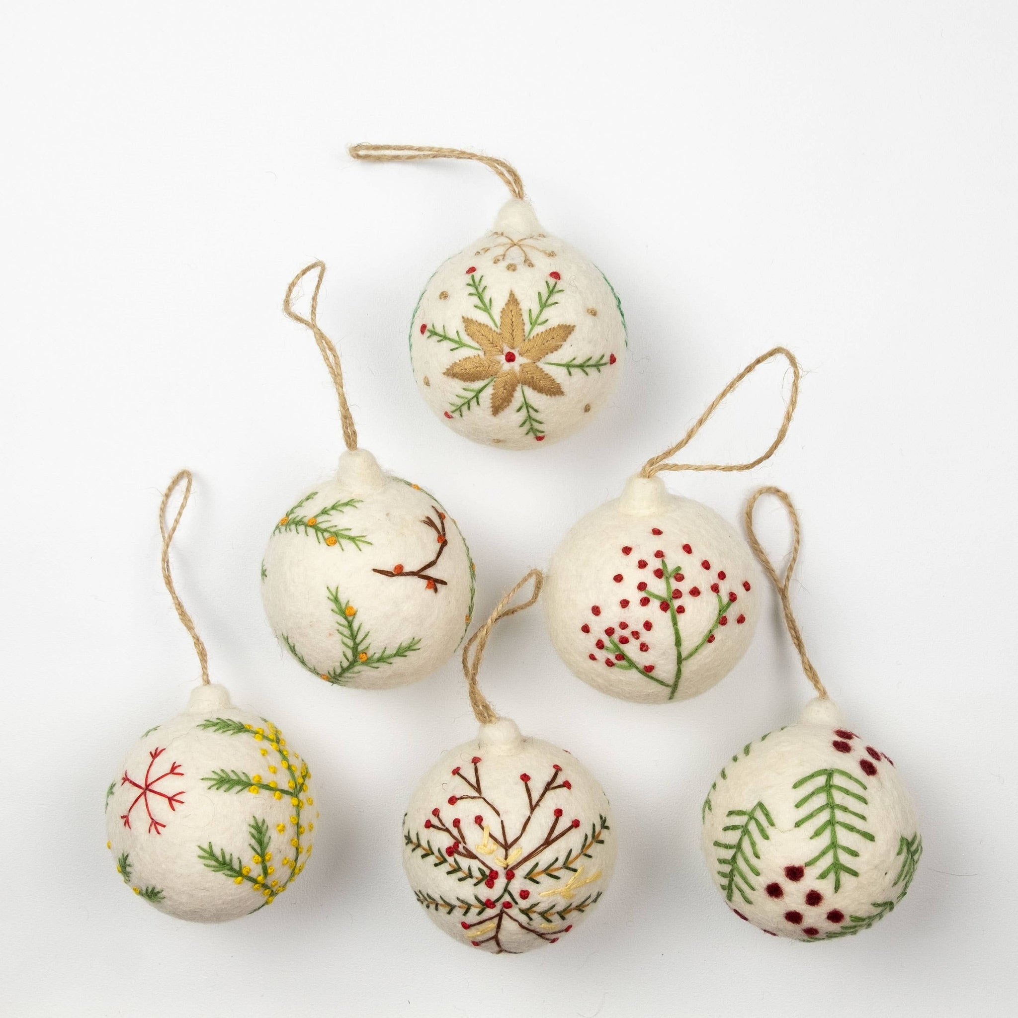 Holiday Ornament Hand Embroidered White Felt Assorted