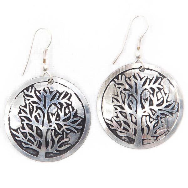 Tree of Life Etched Silver Drop Earrings