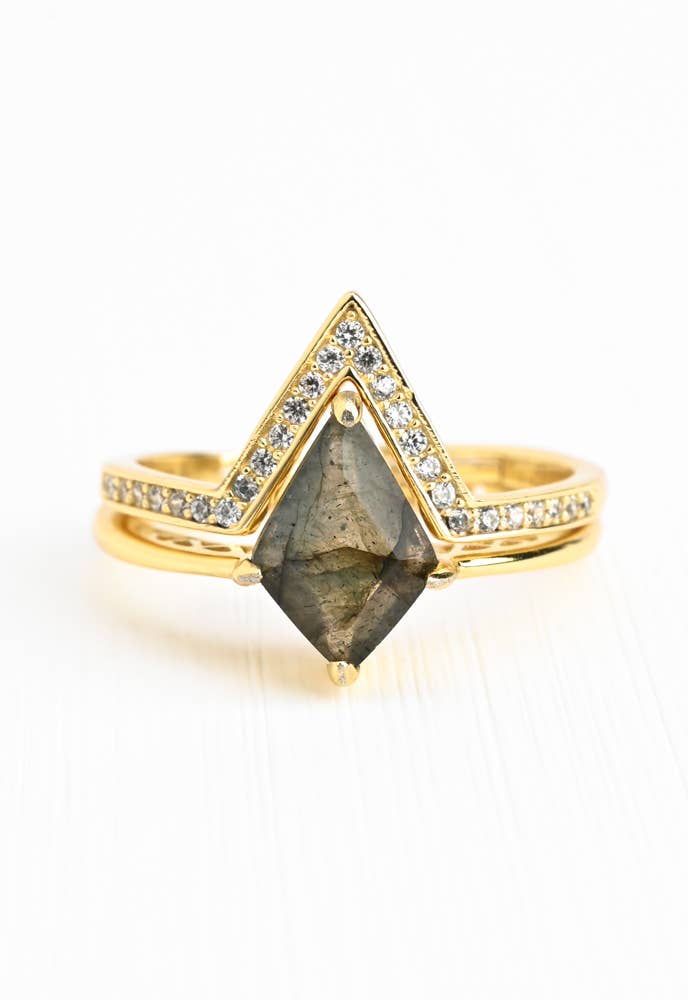 Perfectly-Paired Labradorite and Gold Ring Set