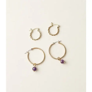 Jambumani Amethyst Bead and Braided Brass Hoops