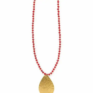 Red Beaded Pendant Necklace - Brass