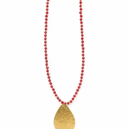 Red Beaded Pendant Necklace - Brass
